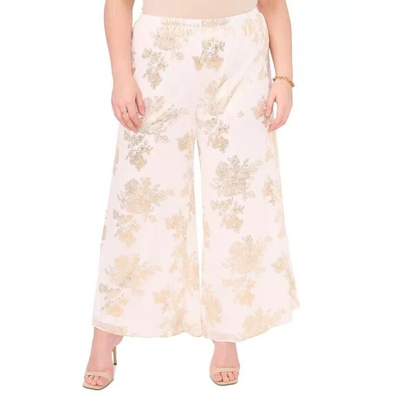 MSK Women's Plus Size Printed Chiffon Pull-On Palazzo Pants Ivory Gold 2X - Picture 1 of 11